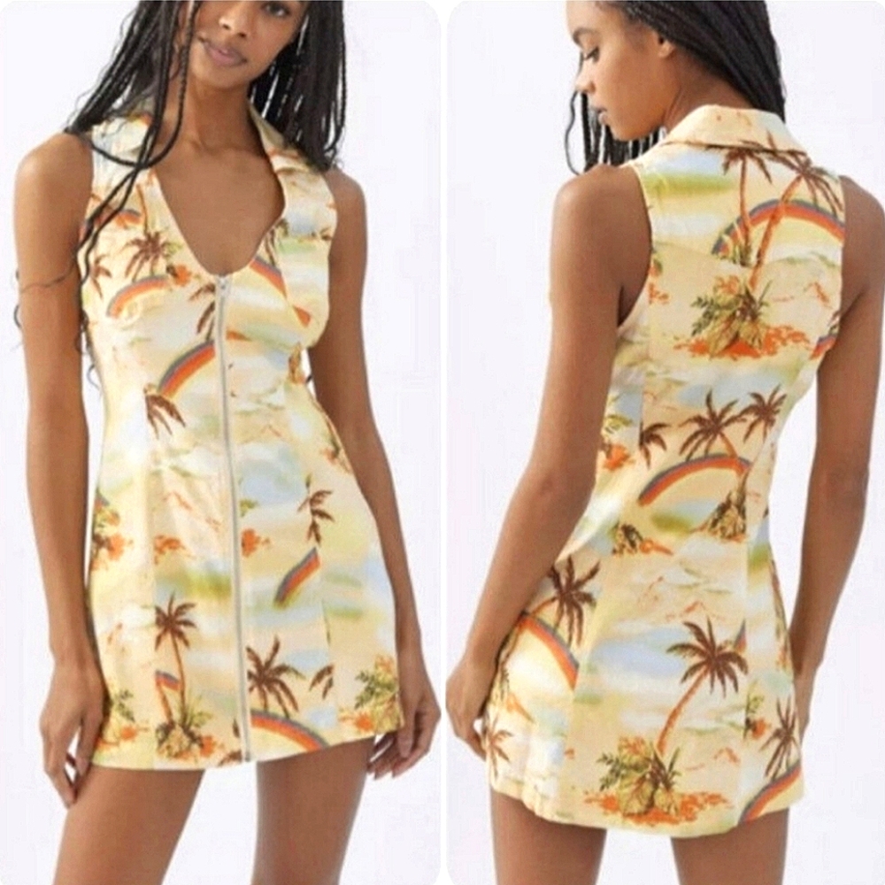 Palm Tree Rainbow Print Linen Micro Mini Dress - Urban Outfitters Freya - Picture 1 of 9